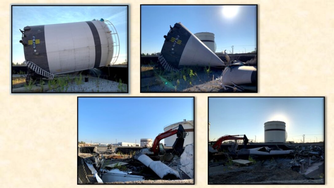 four pictures of a fuel tank being demolished
