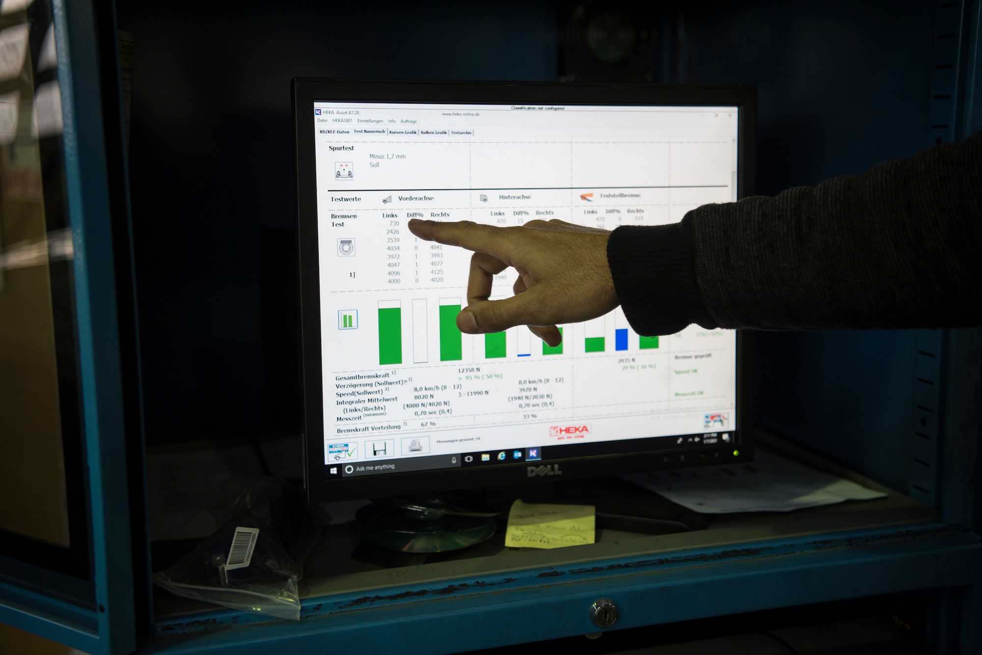 Challil Kessler, 86th Vehicle Readiness Squadron shop supervisor, demonstrates the diagnostic read out of the new 86th VRS brake testing system at Ramstein Air Base.