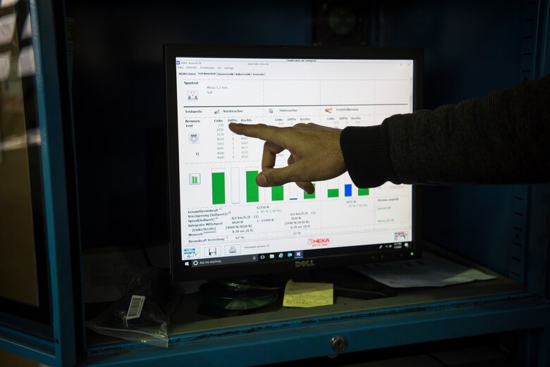 Challil Kessler, 86th Vehicle Readiness Squadron shop supervisor, demonstrates the diagnostic read out of the new 86th VRS brake testing system at Ramstein Air Base.