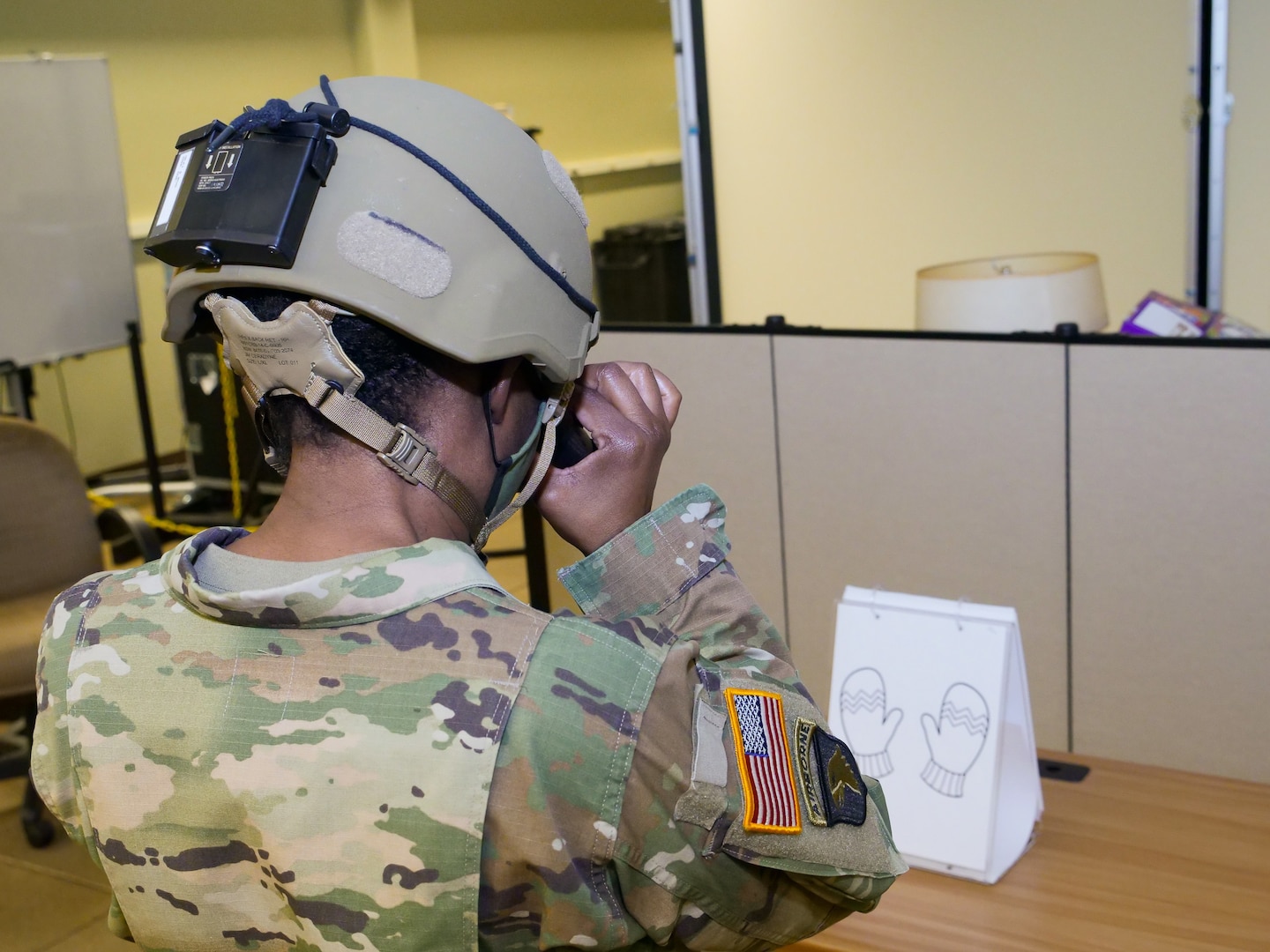 Maryland Army National Guard Soldiers test the Enhanced Night Vision Goggle - Binocular (ENVG-B) for both target identification and depth perception at the Army Research Lab - Human Resources and Engineering Directorate facility in Aberdeen Proving Ground, Maryland.