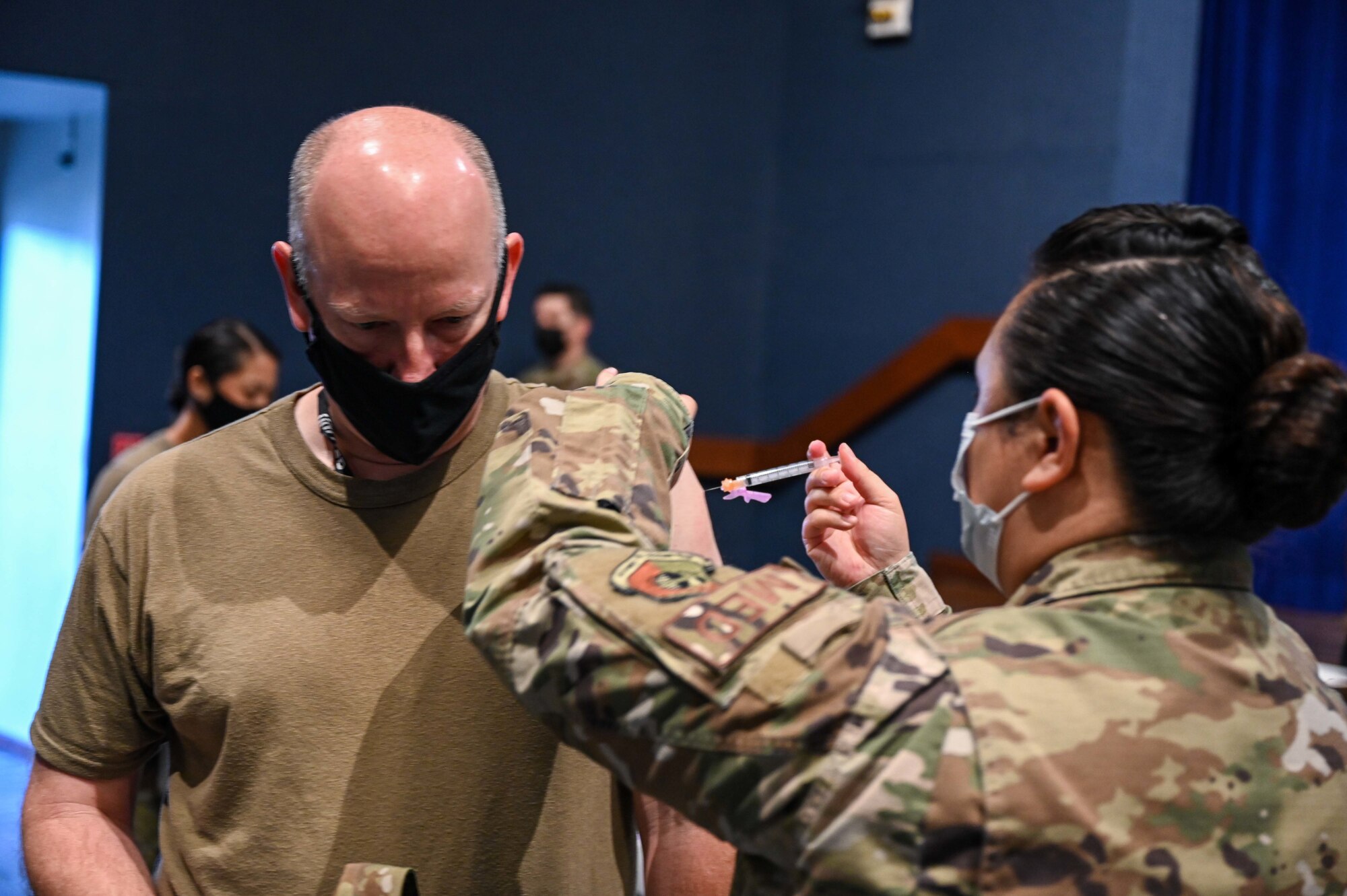 Brig. Gen. Stephen Purdy, 45th Space Wing Commander, recieves a COVID-19 vaccine at Patrick Space Force Base, Fla., Jan. 14, 2021. The 45th Medical Group administered the first round of the vaccine in accordance with the Department of Defense's COVID-19 vaccine distribution plan. (U.S. Space Force Photo By Airman First Class Thomas Sjoberg)