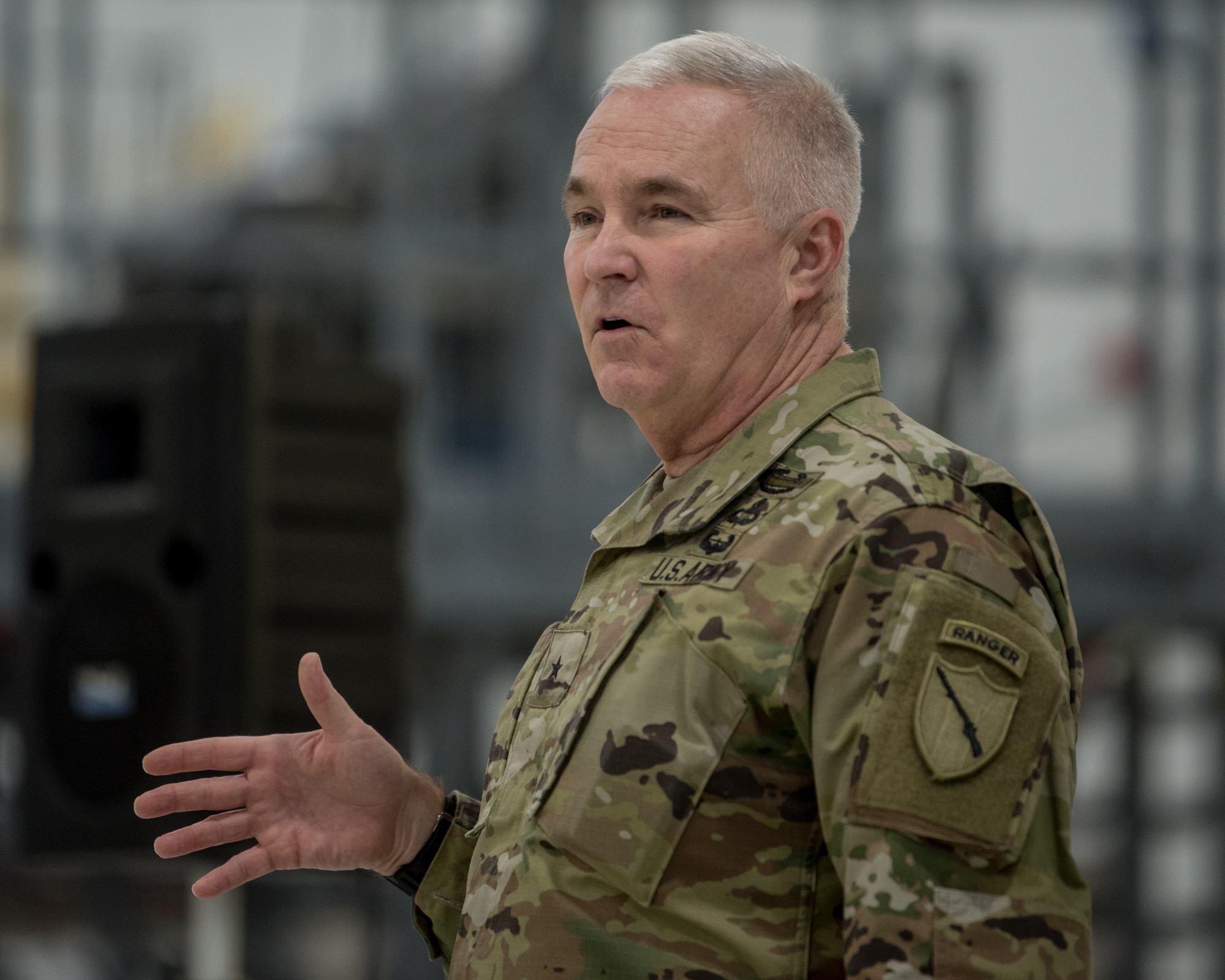 Brig. Gen. Hal Lamberton, adjutant general for the Commonwealth of Kentucky, speaks to a group of Soldiers and Airmen from the Kentucky National Guard at the Kentucky Air National Guard Base in Louisville, Ky., on Jan. 14, 2021. The Guardsmen are deploying this weekend to support the Presidential Inauguration at the nation’s capital Jan. 20. (U.S. Air National Guard photo by Staff Sgt. Joshua Horton)