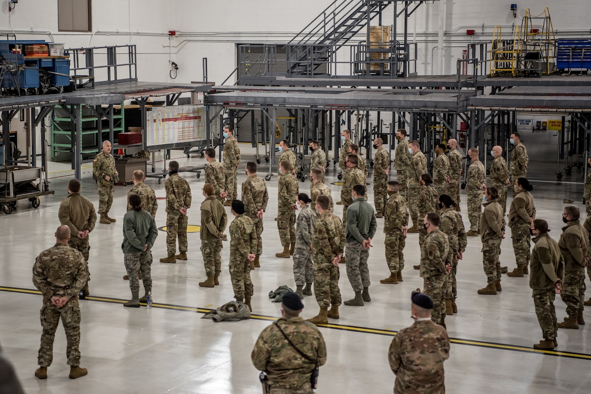 Brig. Gen. Hal Lamberton, adjutant general for the Commonwealth of Kentucky, speaks to a group of Soldiers and Airmen from the Kentucky National Guard at the Kentucky Air National Guard Base in Louisville, Ky., on Jan. 14, 2021. The Guardsmen are deploying this weekend to support the Presidential Inauguration at the nation’s capital Jan. 20. (U.S. Air National Guard photo by Staff Sgt. Joshua Horton)