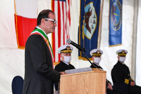 120114-N-XT273-0099 GAETA, Italy (Jan. 14, 2021) Cosmo Mitrano, Mayor of Gaeta, delivers remarks aboard the U.S. Sixth Fleet command and control ship USS Mount Whitney (LCC 20) during the ship’s 50th anniversary celebration, Jan. 14, 2021, in Gaeta, Italy. U.S. Sixth Fleet, headquartered in Naples, Italy, conducts the full spectrum of joint and naval operations, often in concert with allied and interagency partners, in order to advance U.S. national interests, security and stability in Europe and Africa. (U.S. Navy photo by Chief Mass Communication Specialist Justin Stumberg/ Released)