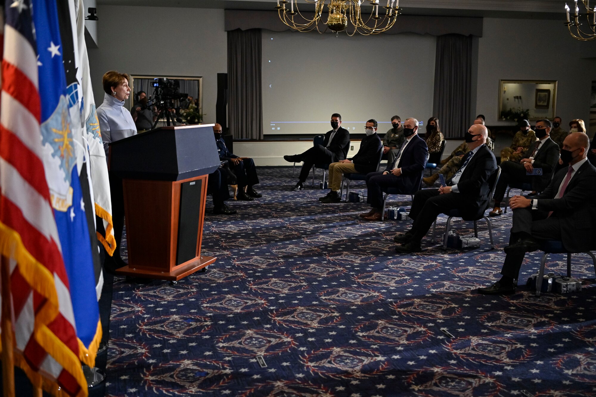 Secretary of the Air Force Barbara M. Barrett delivers remarks during her farewell ceremony at Joint Base Anacostia-Bolling, Washington, D.C., Jan. 14, 2021. As the 25th Secretary of the Air Force, Barrett was responsible for the welfare of more than 697,000 active duty, Guard, Reserve, and civilian Airmen and Guardians and their families. (U.S. Air Force photo by Eric Dietrich)