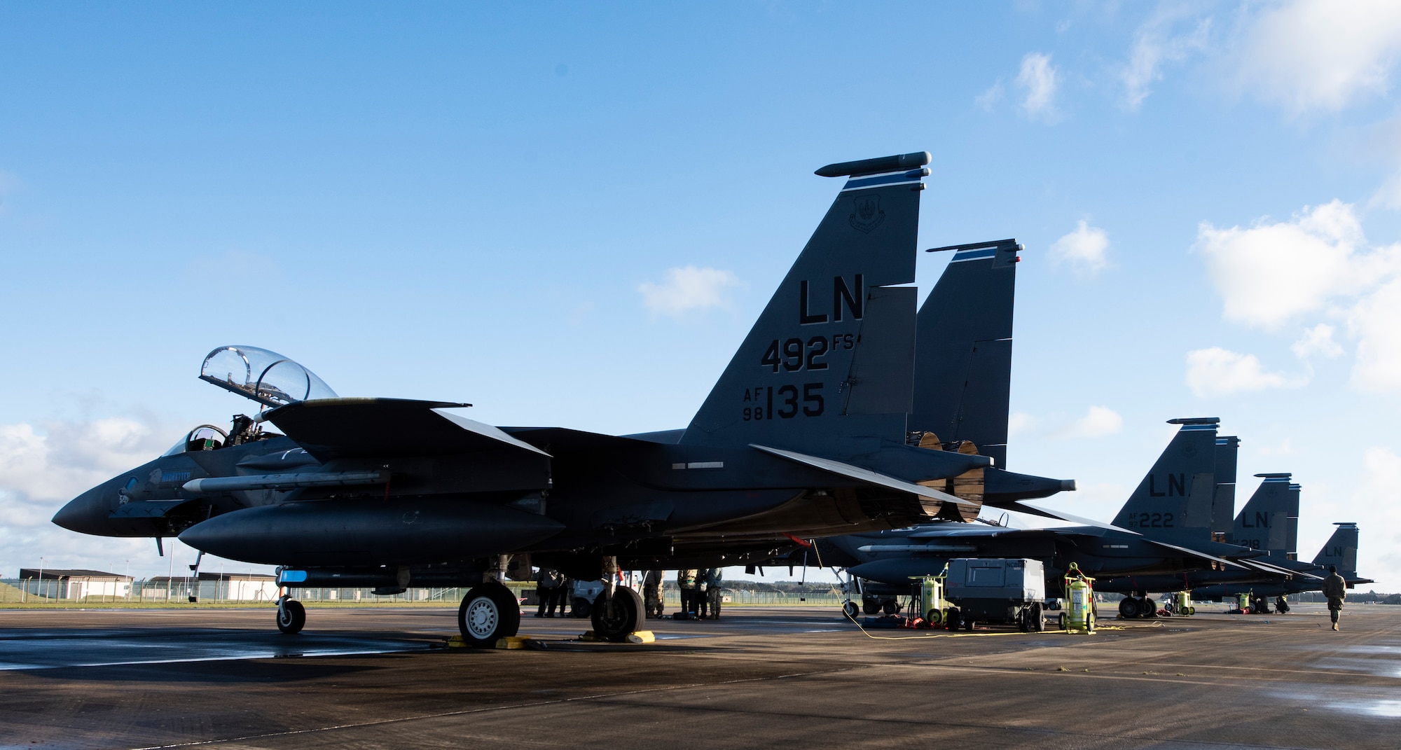 48th Fighter Wing aircraft line the apron in a simulated deployment environment during Agile Combat Employment training at Royal Air Force Lakenheath, England, Jan. 12, 2021. Agile Combat Employment capabilities ensure U.S. Air Forces in Europe, along with allies and partners, are ready for potential last minute contingencies by allowing forces to operate from locations with varying levels of capacity and support. (U.S. Air Force photo by Airman 1st Class Jessi Monte)