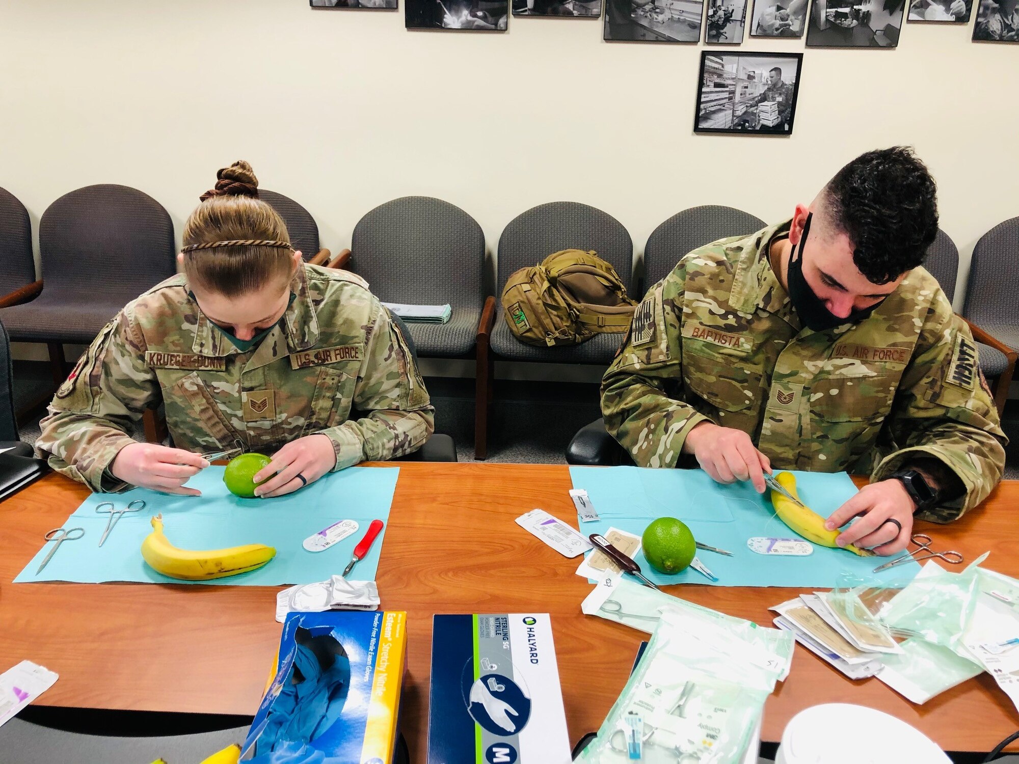 Independent duty medical technicians Air Force Staff Sgt. Brandi Kruger-Dunn and Air Force Tech. Sgt. Luis Baptista perform simulated laceration repair and anesthesia techniques, Dec. 10, 2020 at Joint Base Elmendorf-Richardson, Alaska. Different types of wounds at varying locations of the body require IDMTs to review and perform multiple types of anesthetic approaches, while different location on the body also require knowledge of types, sizes or suture materials. Kruger-Dunn and Baptista are both assigned to the 517th Airlift Squadron and 210 Rescue Squadron respectively.