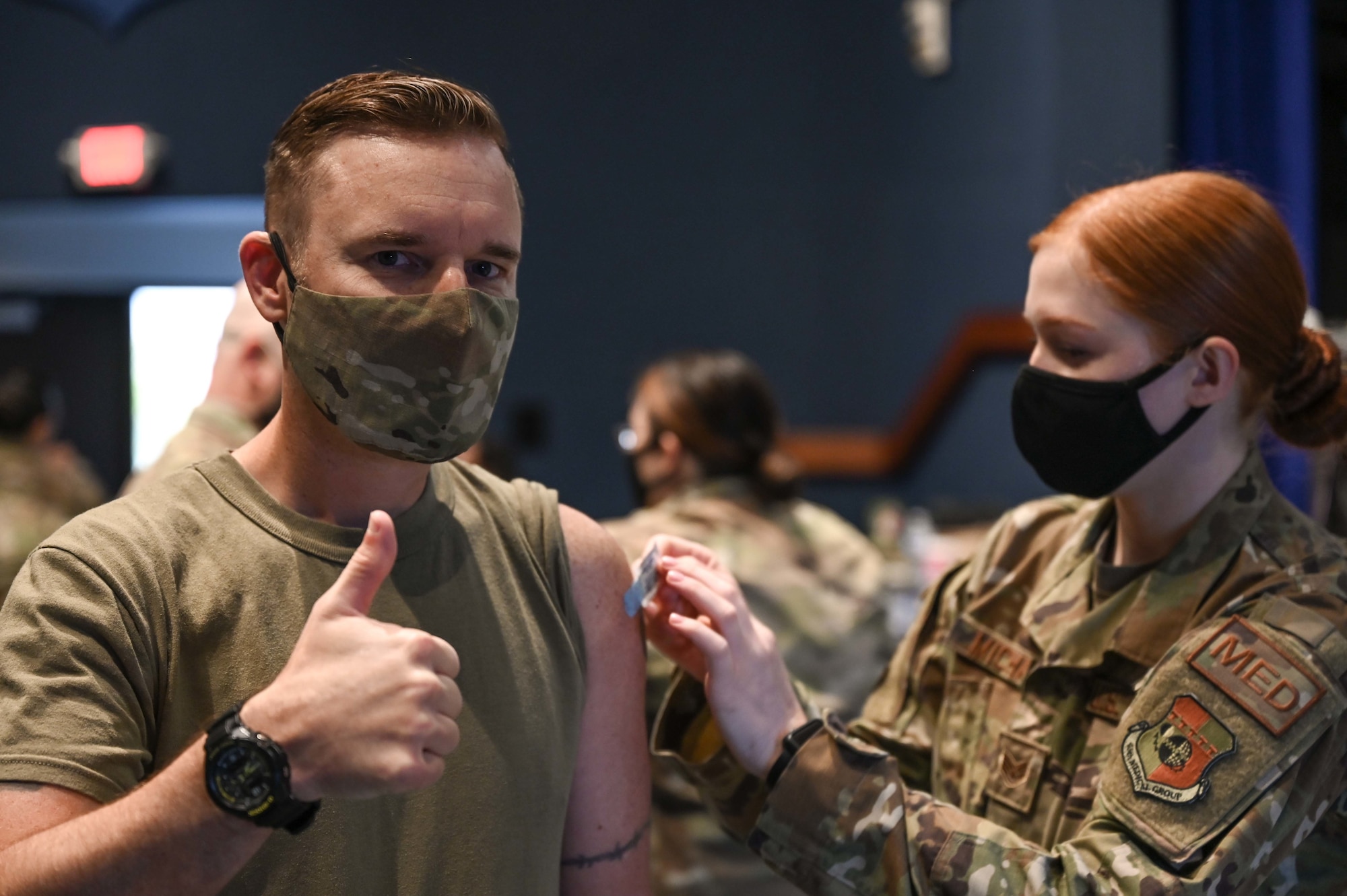 Chief Master Sgt. Scott King, 45th Space Wing command chief, recieves a COVID-19 vaccine at Patrick Space Force Base, Fla., Jan. 14, 2021. The 45th Medical Group administered the first round of the vaccine in accordance with the Department of Defense's COVID-19 vaccine distribution plan. (U.S. Space Force Photo By Airman First Class Thomas Sjoberg)