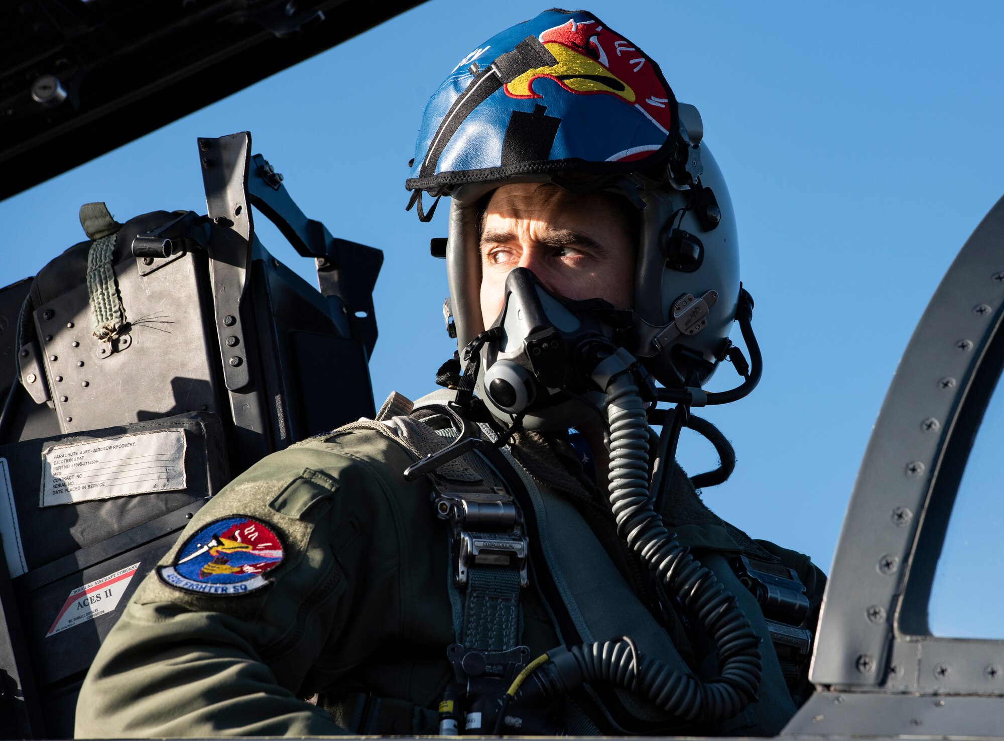 U.S. Air Force Lt. Col. Jason Heard, 492nd Fighter Squadron F-15E Strike Eagle pilot, maintains visual communication with ground crew prior to take-off during Agile Combat Employment training at Royal Air Force Lakenheath, England, Jan. 12, 2021. Training incorporating ACE concepts contribute to the development of multi-capable Airmen and aircrew, improving interoperability and helping allies and partners increase their capabilities in less than optimal environments. (U.S. Air Force photo by Airman 1st Class Jessi Monte)