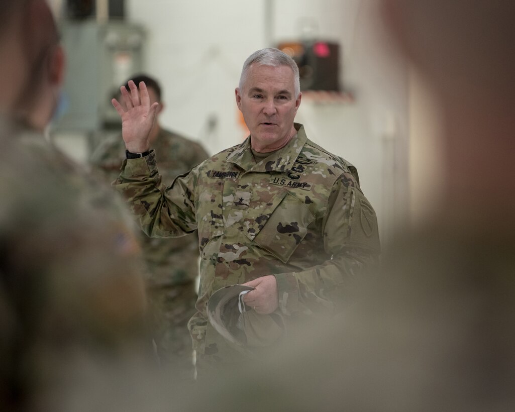 Brig. Gen. Hal Lamberton, adjutant general for the Commonwealth of Kentucky, speaks to a group of Soldiers and Airmen from the Kentucky National Guard at the Kentucky Air National Guard Base in Louisville, Ky., on Jan. 14, 2021. The Guardsmen are deploying this weekend to support the Presidential Inauguration at the nation’s capital Jan. 20. (U.S. Air National Guard photo by Staff Sgt. Joshua Horton)