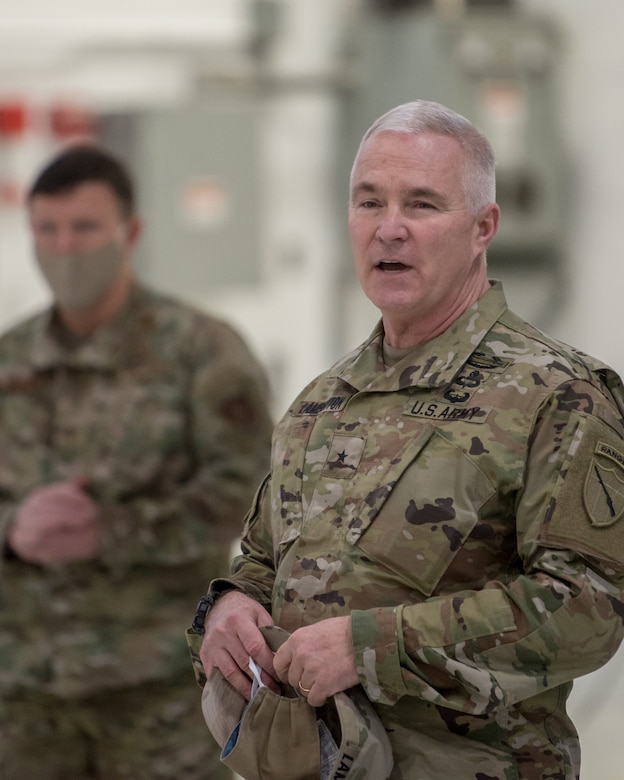 Brig. Gen. Hal Lamberton, adjutant general for the Commonwealth of Kentucky, speaks to a group of Soldiers and Airmen from the Kentucky National Guard at the Kentucky Air National Guard Base in Louisville, Ky., on Jan. 14, 2021. The Guardsmen are deploying this weekend to support the Presidential Inauguration at the nation’s capital Jan. 20. (U.S. Air National Guard photo by Staff Sgt. Joshua Horton)