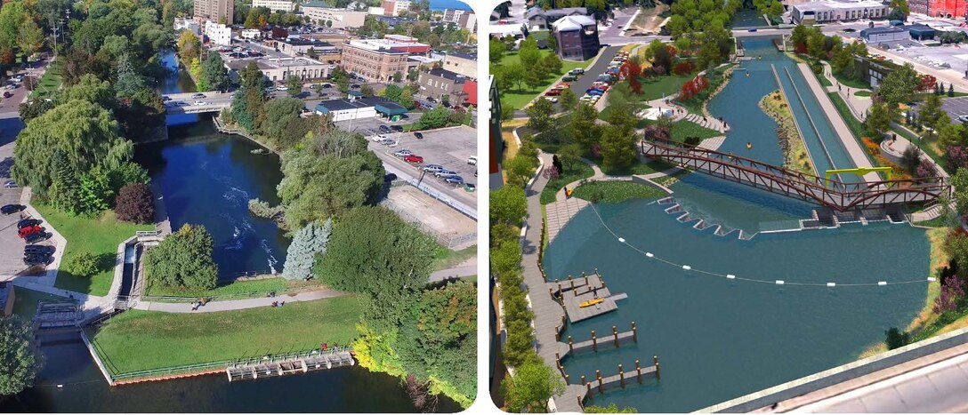 The design visual of before and after the FishPass project in Traverse City, Michigan is generated from engineering design plans and landscape details, is intended for illustrative purposes only.