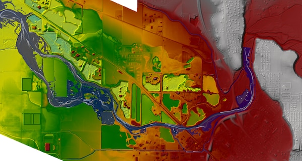 Caldwell Idaho 2017 flood model with aerial image background