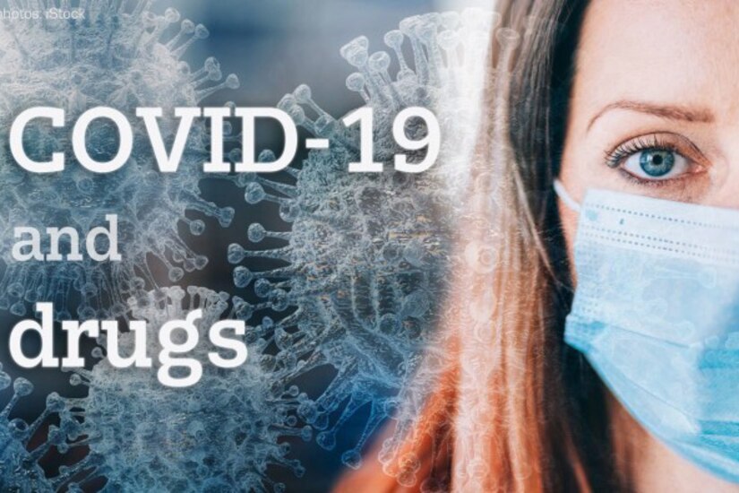 A graphic showing a woman with a facemask and the words COVID-19 and Drugs.