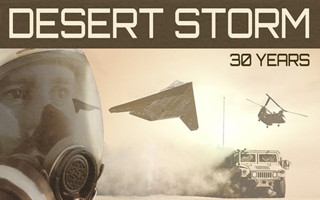 Graphic showing military member with mask, two aircraft and humvee