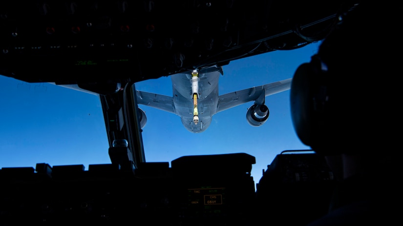 The KC-46 Pegasus refuels the legacy C-17 Globemaster III over the Atlantic Ocean to showcase the present and future of the Air Force, Jan. 15, 2021.