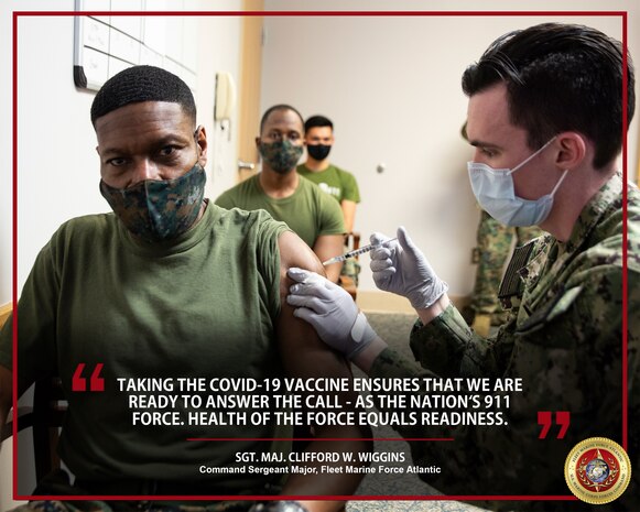 Senior leaders from Fleet Marine Force Atlantic receive the Coronavirus Disease 2019 (COVID-19) vaccine at Sewell’s Point, Norfolk, Virginia, Jan. 15, 2021. Receiving the COVID-19 vaccine helps protect you, your family and your unit from infection, and ensures Marines and Sailors stay ready to accomplish the mission. (U.S. Marine Corps Photo Illustration by Jonathan Donnelly/Released)
