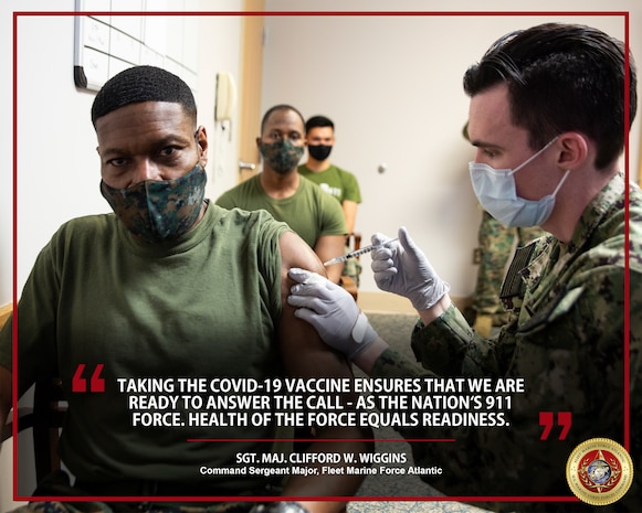 Senior leaders from Fleet Marine Force Atlantic receive the Coronavirus Disease 2019 (COVID-19) vaccine at Sewell’s Point, Norfolk, Virginia, Jan. 15, 2021. Receiving the COVID-19 vaccine helps protect you, your family and your unit from infection, and ensures Marines and Sailors stay ready to accomplish the mission. (U.S. Marine Corps Photo Illustration by Jonathan Donnelly/Released)