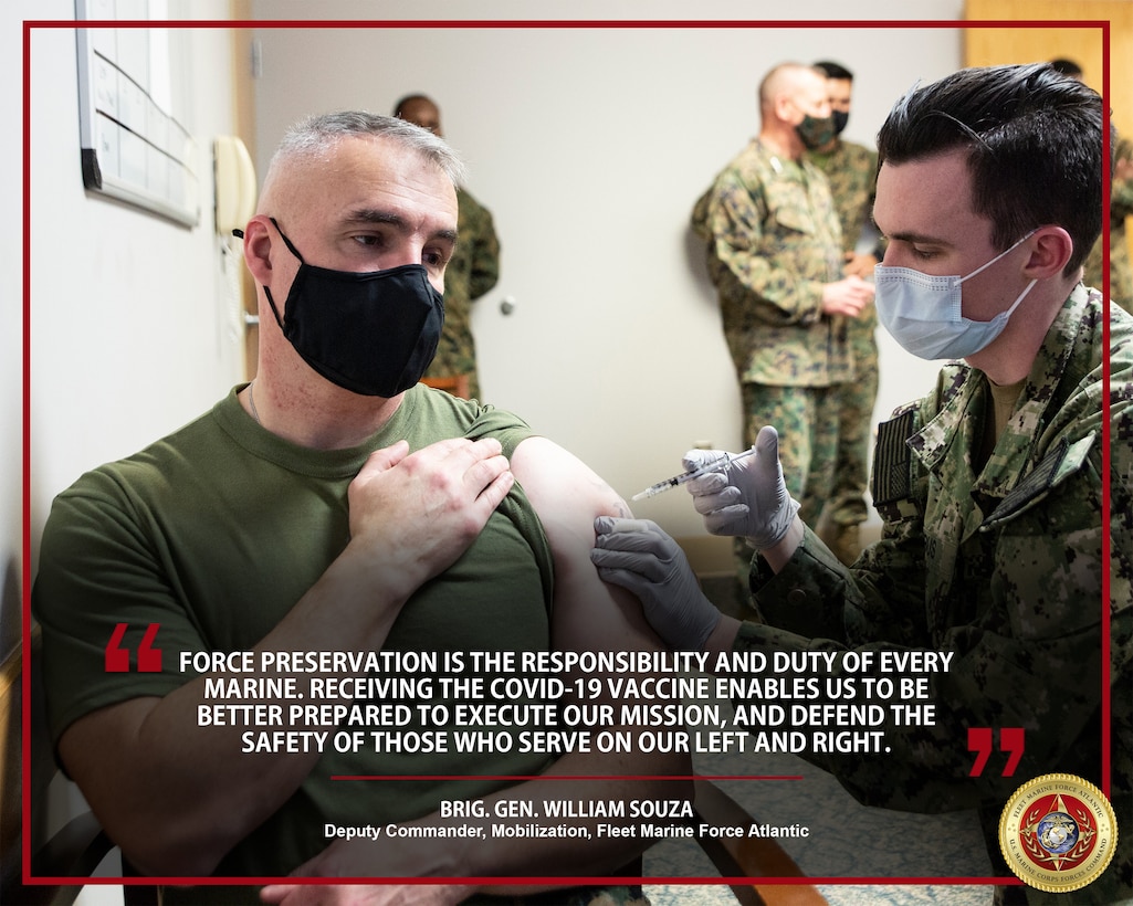 Senior leaders from Fleet Marine Force Atlantic receive the Coronavirus Disease 2019 (COVID-19) vaccine at Sewell’s Point, Norfolk, Virginia, Jan. 15, 2021. Receiving the COVID-19 vaccine helps protect you, your family and your unit from infection, and ensures Marines and Sailors stay ready to accomplish the mission. (U.S. Marine Corps Photo Illustration by Jonathan Donnelly/Released)