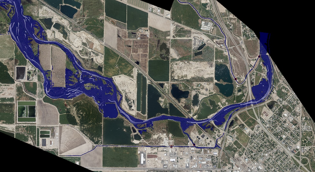 Caldwell Idaho 2017 flood model with aerial image background