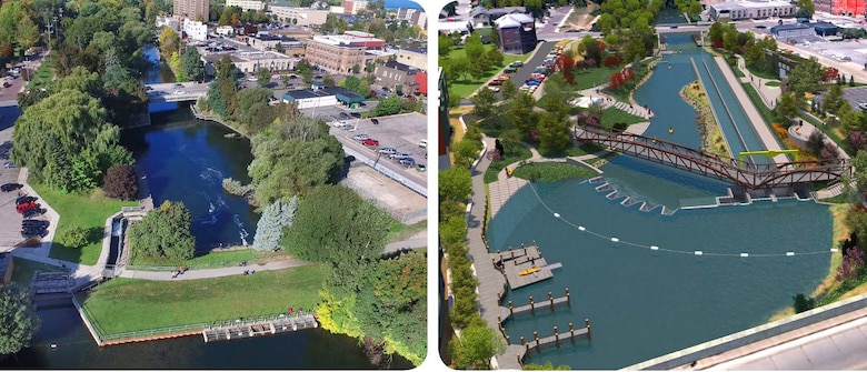 The design visual of before and after the FishPass project in Traverse City, Michigan is generated from engineering design plans and landscape details, is intended for illustrative purposes only.