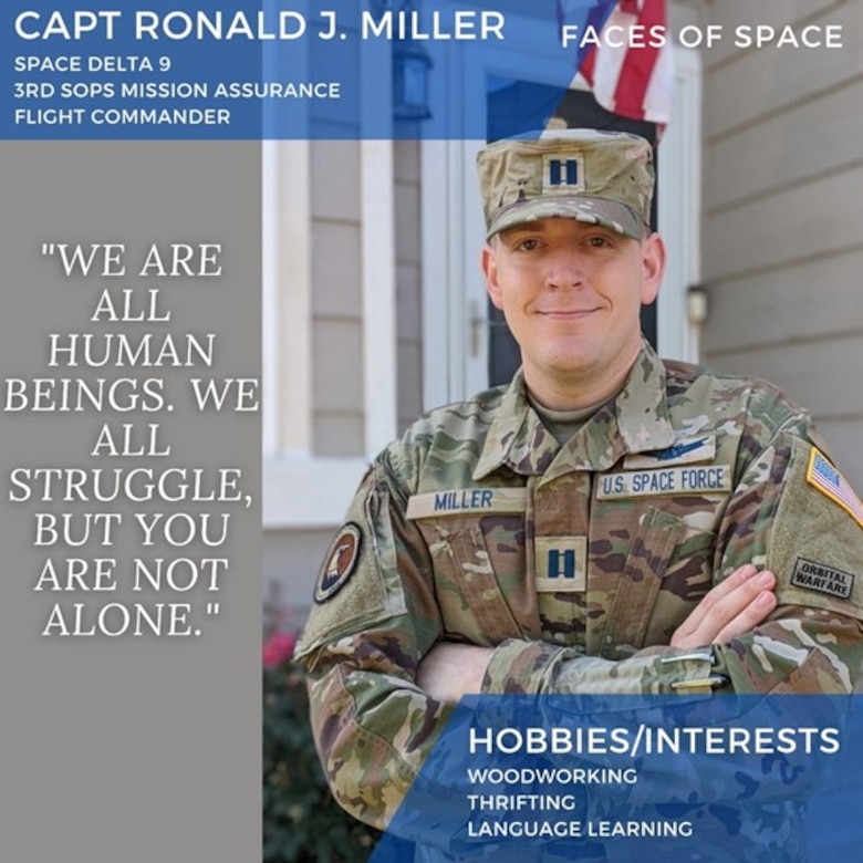Graphic showing a picture of Capt. Ronald Miller in uniform standing outside his house. The graphic has his name and title, hobbies and a quote.