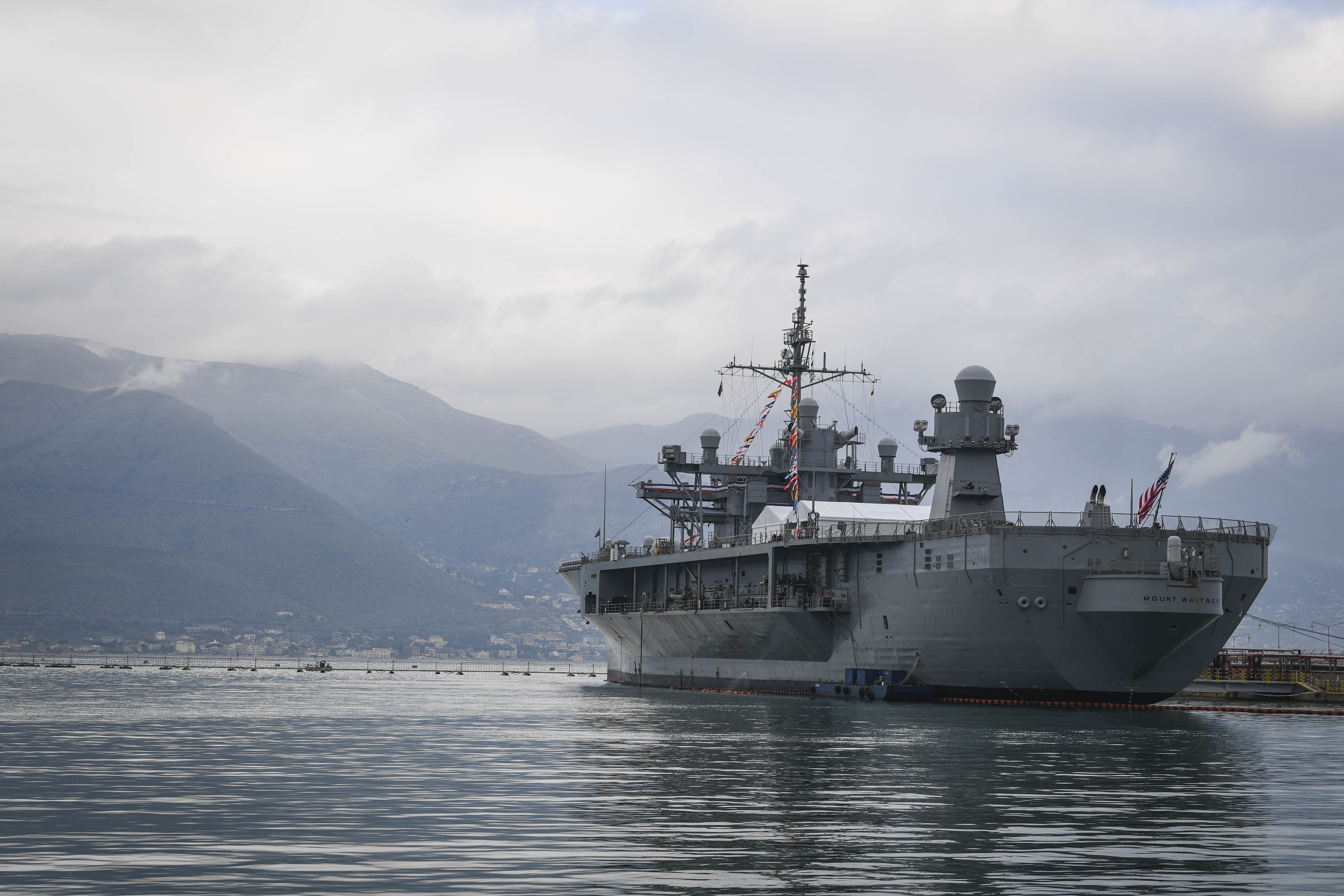 The U.S. 6th Fleet command and control ship USS Mount Whitney (LCC 20) in port during the ship's 50th anniversary celebration, Jan. 14, 2021, in Gaeta, Italy.
