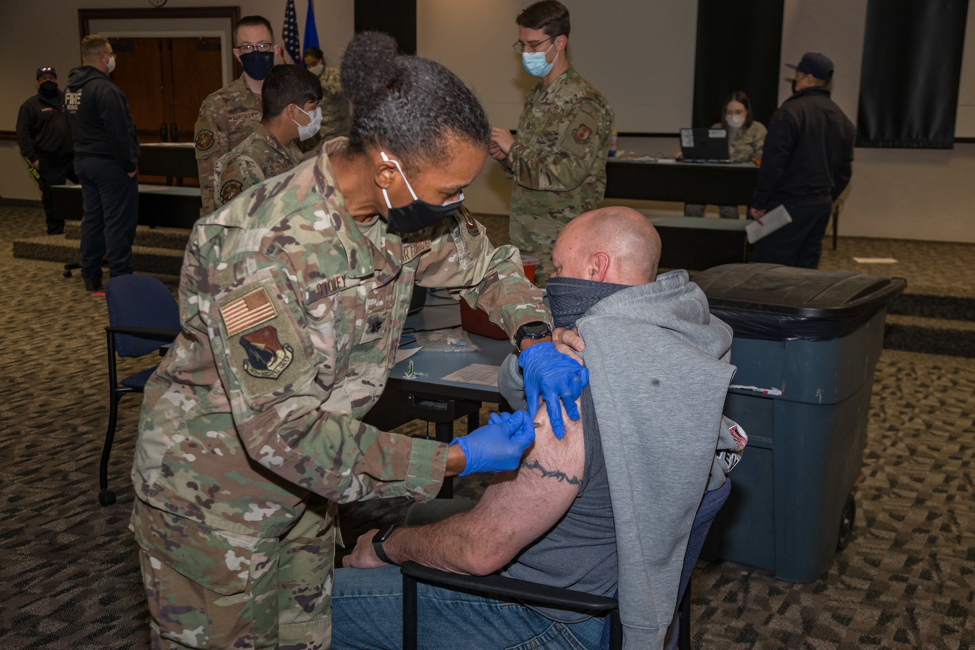 James Hutson, Air Force Plant 42 Fire Chief, receives the COVID-19 vaccine at the Airmen and Family Readiness Center on Edwards Air Force Base, California, Jan. 16. (Air Force photo by Matthew Williams)