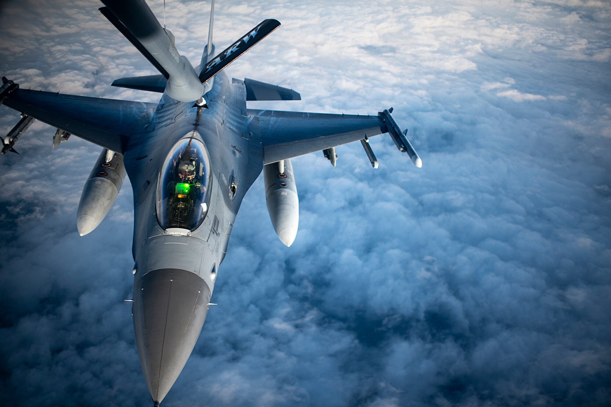 A U.S. Air Force F-16 Fighting Falcon assigned to the 555th Fighter Squadron, Aviano Air Base, Italy, is refueled by a KC-135 Stratotanker assigned to the 100th Air Refueling Wing, RAF Mildenhall, United Kingdom, during a mission over the Black Sea, Jan. 14, 2021. U.S. military operations in the Black Sea enhance regional stability, combined readiness and capability with our NATO allies and partners.