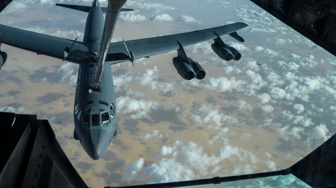 A KC-10 Extender assigned to the 908th Expeditionary Air Refueling Squadron refuels a U.S. Air Force B-52 Stratofortress assigned to the 5th Bomb Wing during a Bomber Task Force (BTF) mission over the U.S. Central Command area of responsibility, Jan. 17, 2021. 

The B-52 is a long-range bomber with a range of approximately 8,800 miles, enabling rapid support of BTF missions or deployments and reinforcing global security and stability. (U.S. Air Force photo by Senior Airman Aaron Larue Guerrisky)