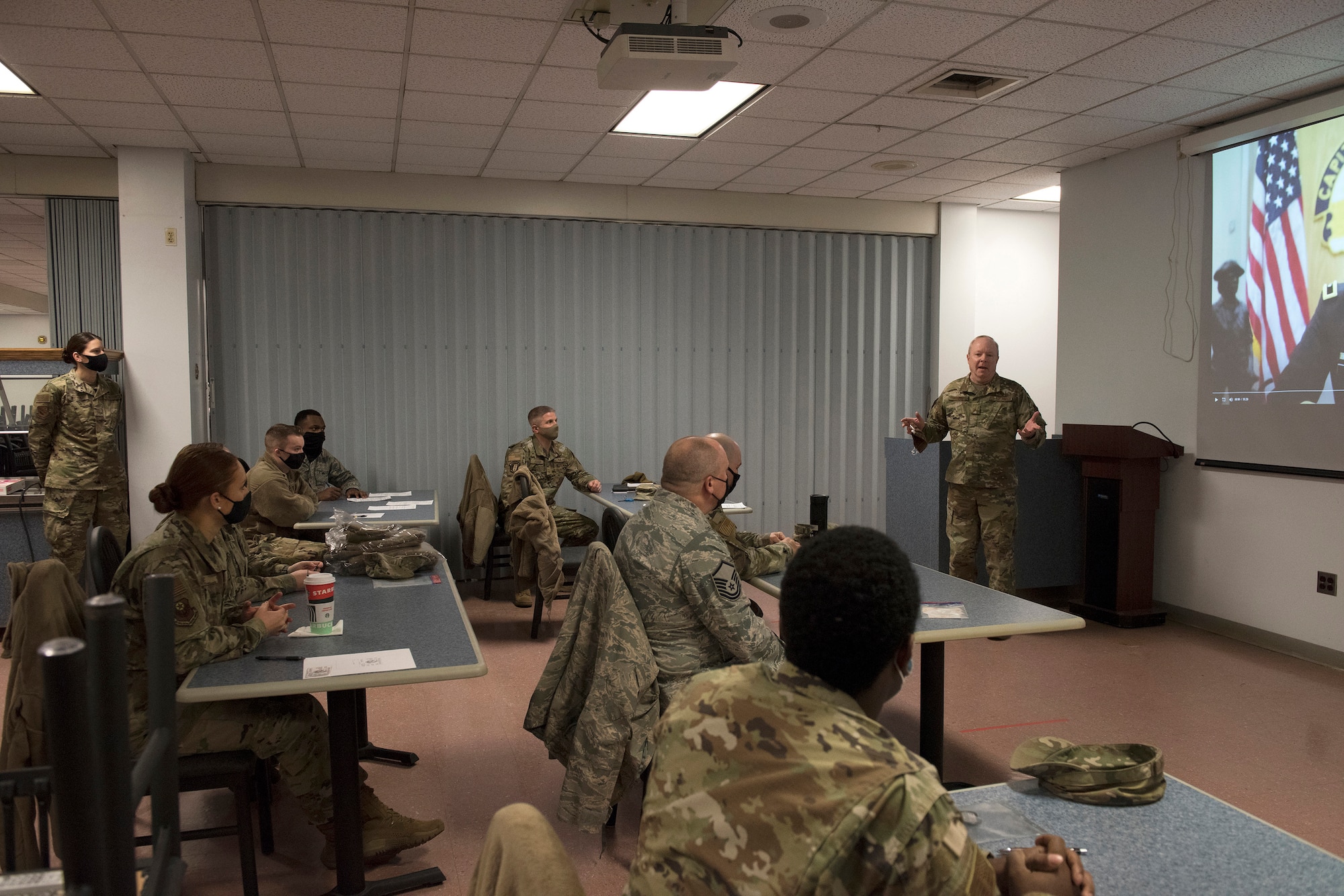 U.S. Air Force Brig. Gen. Michael Regan, Deputy Adjutant General-Air, Pennsylvania Air National Guard, addresses Airmen of the 193rd Force Support Squadron prior to deploying to the Capitol region in support of service members in the D.C. area for the 59th Presidential Inauguration.