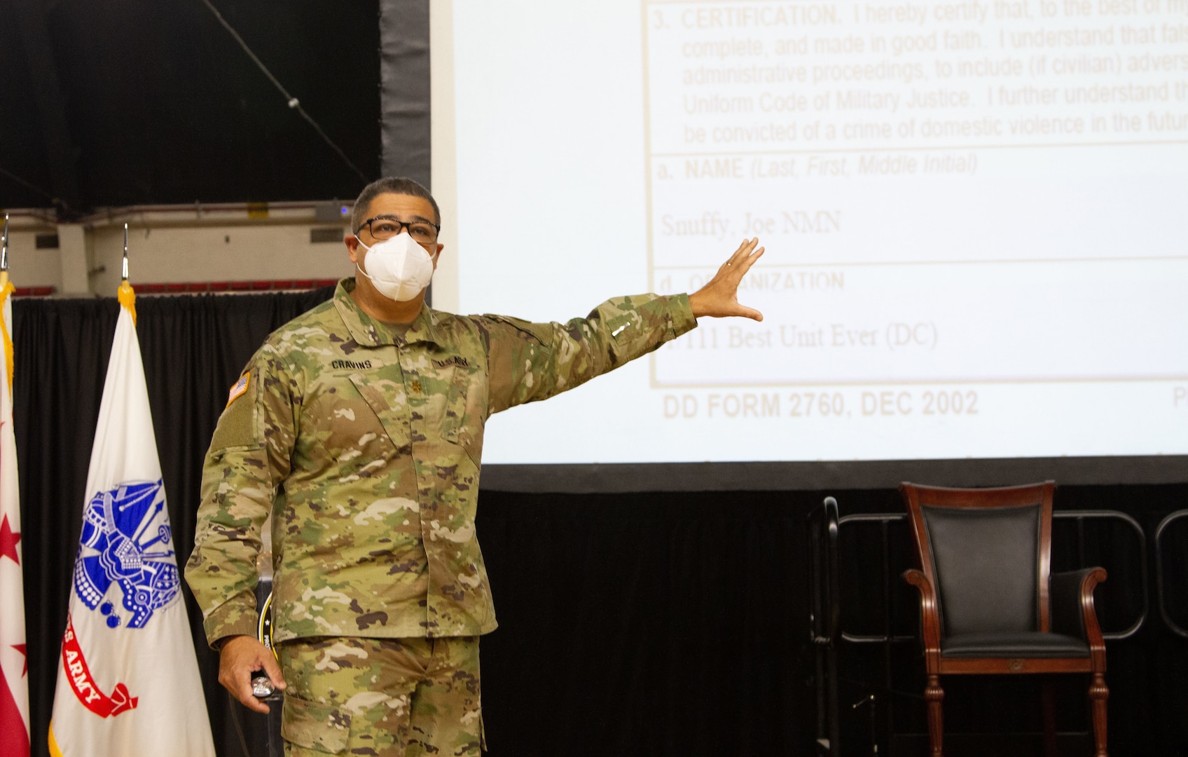 U.S. Army Maj. Donald Cravins, judge advocate, District of Columbia National Guard, briefs Soldiers and Airmen during Operation Capitol Response at the D.C. Armory in Washington, D.C., Jan 10, 2021. National Guard Soldiers and Airmen from several states have traveled to Washington to provide support to federal and district authorities leading up to the 59th presidential inauguration.