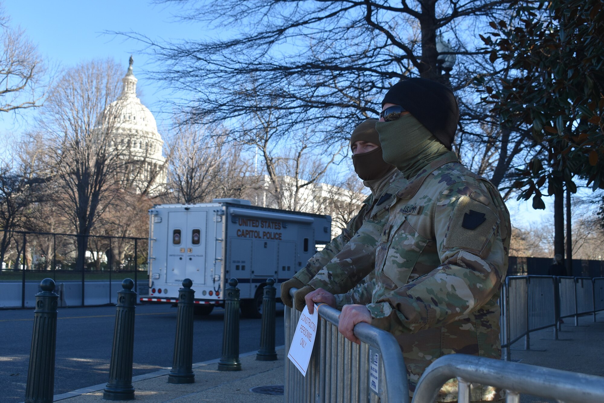 Sgt. Joshua Zook, right, and Spc. Kenneth Steinly from the 2nd Squadron, 104th Cavalry Regiment, 56th Stryker Brigade Combat Team, Pennsylvania Army National Guard stand guard in Washington, D.C., on Jan. 10, 2021.