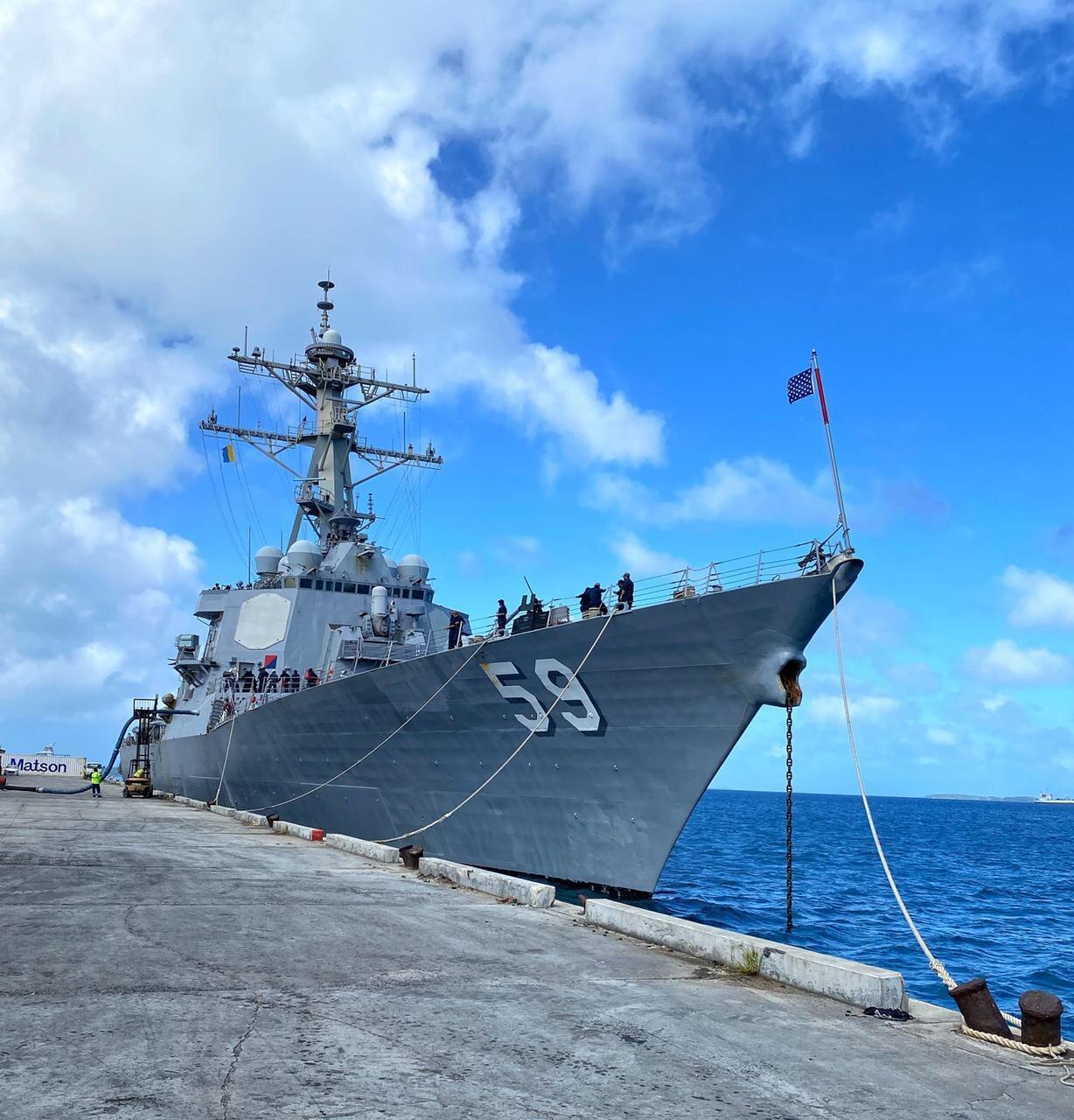 MAJURO, Marshall Islands (Jan. 7, 2021) The Arleigh Burke-class guided-missile destroyer USS Russell (DDG 59) is moored to the pier in Majuro, Marshall Islands, Jan. 7, 2021. Russell, part of the Theodore Roosevelt Carrier Strike Group, is on a scheduled deployment to the U.S. 7th Fleet area of operations. As the U.S. Navy’s largest forward deployed fleet, with its approximate 50-70 ships and submarines, 140 aircraft, and 20,000 Sailors in the area of operations at any given time, 7th Fleet conducts forward-deployed naval operations in support of U.S. national interests throughout a free and open Indo-Pacific area of operations to foster maritime security, promote stability, and prevent conflict alongside 35 other maritime nations and partners. (Courtesy photo)