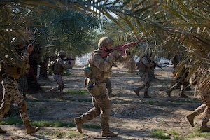 210113-N-KZ419-1275 U.S. 5TH FLEET AREA OF OPERATIONS (Jan. 13, 2021) Bahrain Defense Force and U.S. Naval Forces Central Command personnel secure a perimeter during a joint anti-terrorism exercise in the U.S. 5th Fleet area of operations, Jan. 13. The bilateral exercise focused on enhancing mutual security and anti-terrorism capabilities by testing responses to simulated scenarios. (U.S. Navy photo by Mass Communication Specialist 3rd Class Dawson Roth)