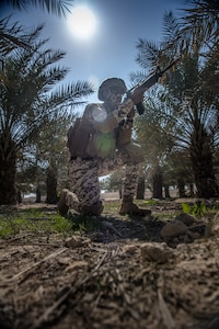210112-N-KZ419-1256 U.S. 5TH FLEET AREA OF OPERATIONS (Jan. 12, 2021) A member of the Bahrain Defense Force holds security during a joint anti-terrorism exercise with U.S. Naval Forces Central Command in the U.S. 5th Fleet area of operations, Jan. 12. The bilateral exercise focused on enhancing mutual security and anti-terrorism capabilities by testing responses to simulated scenarios. (U.S. Navy photo by Mass Communication Specialist 3rd Class Dawson Roth)
