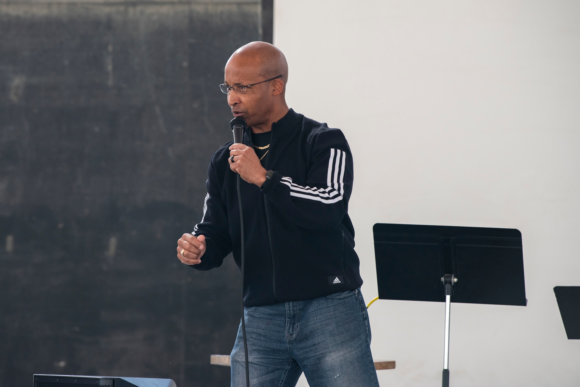 U.S. Air Force Senior Master Sgt. Kevin Hill, 380th Expeditionary Force Support Squadron food service section chief, speaks during a Dr. Martin Luther King, Jr. unity service at Al Dhafra Air Base, United Arab Emirates, Jan. 17, 2021.