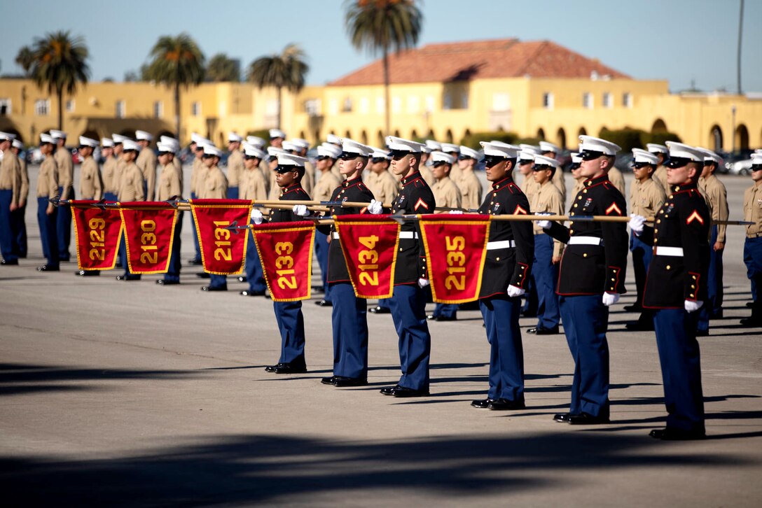 New Marines of Fox Company, 2nd Recruit Training Battalion, stand in formation during a graduation ceremony at Marine Corps Recruit Depot, San Diego, Jan. 15, 2021.