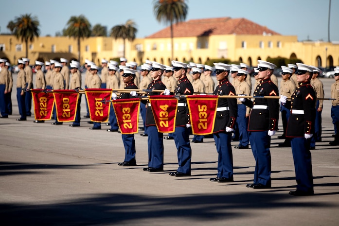 New Marines of Fox Company, 2nd Recruit Training Battalion, stand in formation during a graduation ceremony at Marine Corps Recruit Depot, San Diego, Jan. 15, 2021.