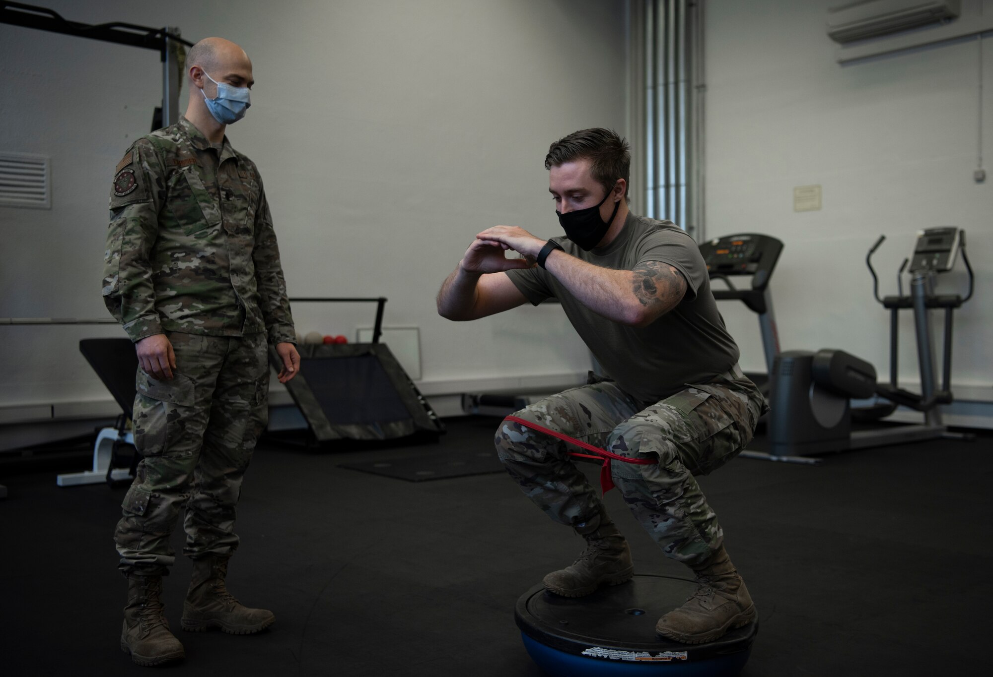 U.S. Air Force Staff Sgt. Randy Sayer, 86th Operational Medical Readiness Squadron physical therapy technician, performs flexibility training at Ramstein Air Base, Germany, Jan. 13, 2021.