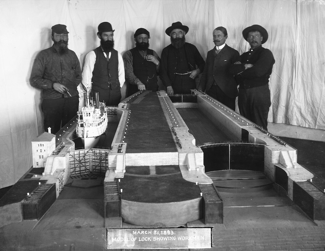 Model of original Poe Lock in Sault Ste. Marie, Michigan showing workmen from March 31,1893.