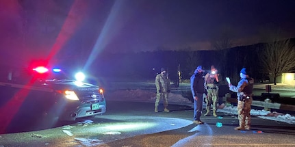Soldiers with the 172nd Law Enforcement Detachment conduct a DUI traffic stop during a training exercise at the Camp Ethan Allen Training Site in Jericho, Vermont, Jan. 15, 2021. The detachment's Soldiers are certified in standard field sobriety testing by the National Highway Traffic Safety Administration. (U.S. Army National Guard photo by Capt. Shawn Slaney)