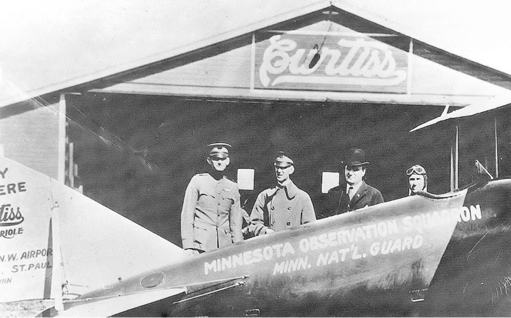 U.S. Army Capt. Raymond S. Miller, left,  Lt. Col. W.C. Garis, center, and Gen. Walter Rhinow pose for a photograph in Falcon Heights, Minn., Sept. 26, 1921. Miller, Garis, and Walter flew to Washington D.C. to lobby for aviation units.