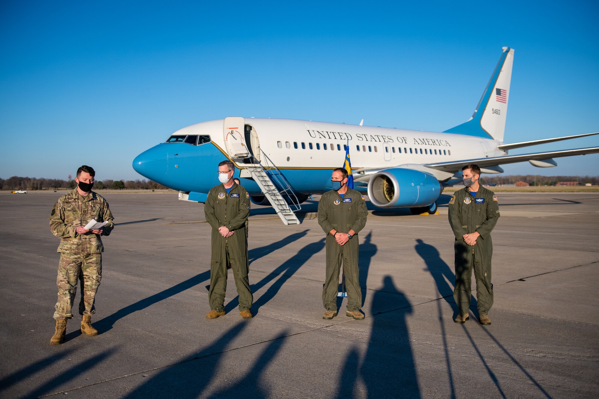 Capt. Evan Wieczorek, 932nd Operations Support Flight, chief of wing intelligence, narrates the start of the OSF change of command, December 4, 2020, Scott Air Force Base, Illinois. (U.S. Air Force photo by Christopher Parr)