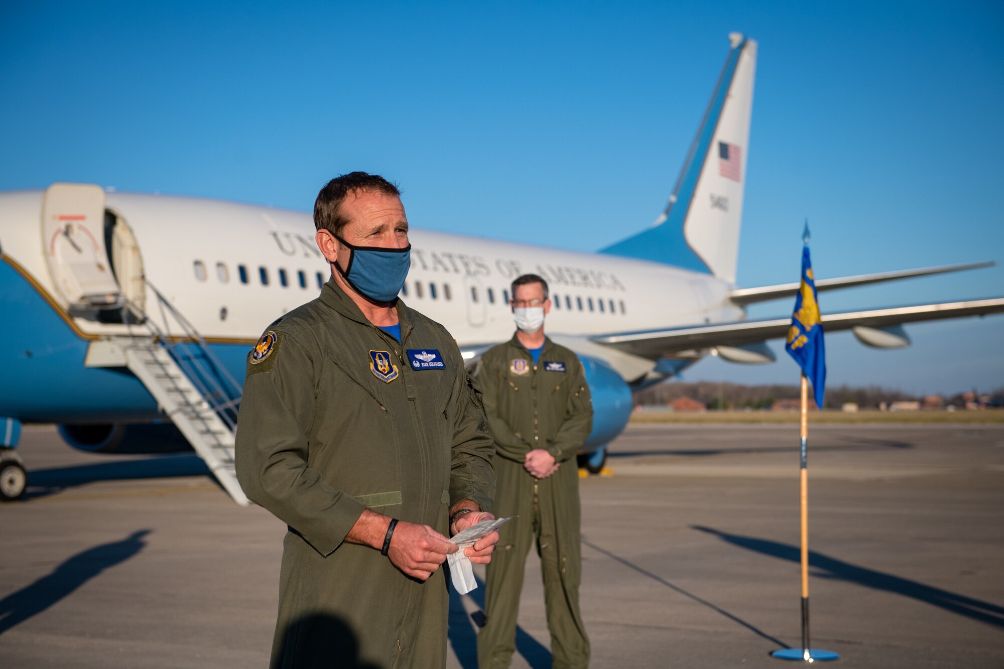 Lt. Col. Ryan Geilhausen, Operations Support Flight commander speaks with those in attendance at the OSF change of command ceremony about his time as commander, December 4, 2020, Scott Air Force Base, Illinois. (U.S. Air Force photo by Christopher Parr)