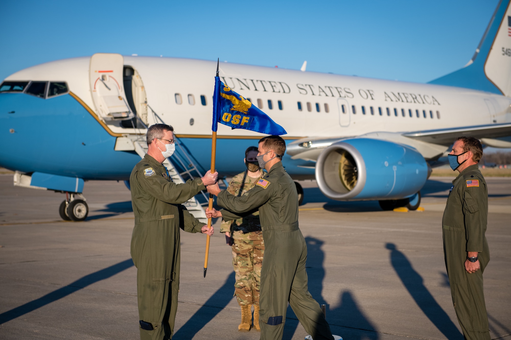 A Reserve Citizen Airmen from the 932nd  Maintenance Group marshals in a C-40C as part of the 932nd Operations Support Flight change of command ceremony, December 4, 2020, Scott Air Force Base, Illinois. (U.S. Air Force photo by Christopher Parr)