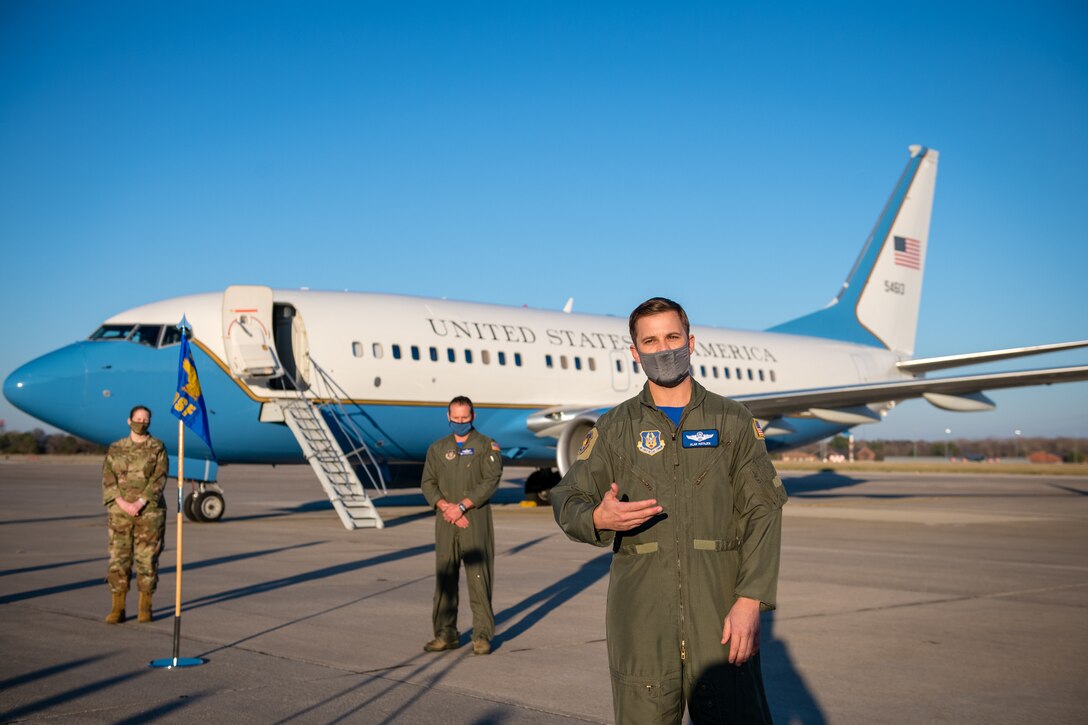 Lt. Col. Alan Rathjen, new Operations Support Flight commander, speaks about his excitement and expectations as the new OSF commander following the OSF change of command ceremony, December 4, 2020, Scott Air Force Base, Illinois. (U.S. Air Force photo by Christopher Parr)