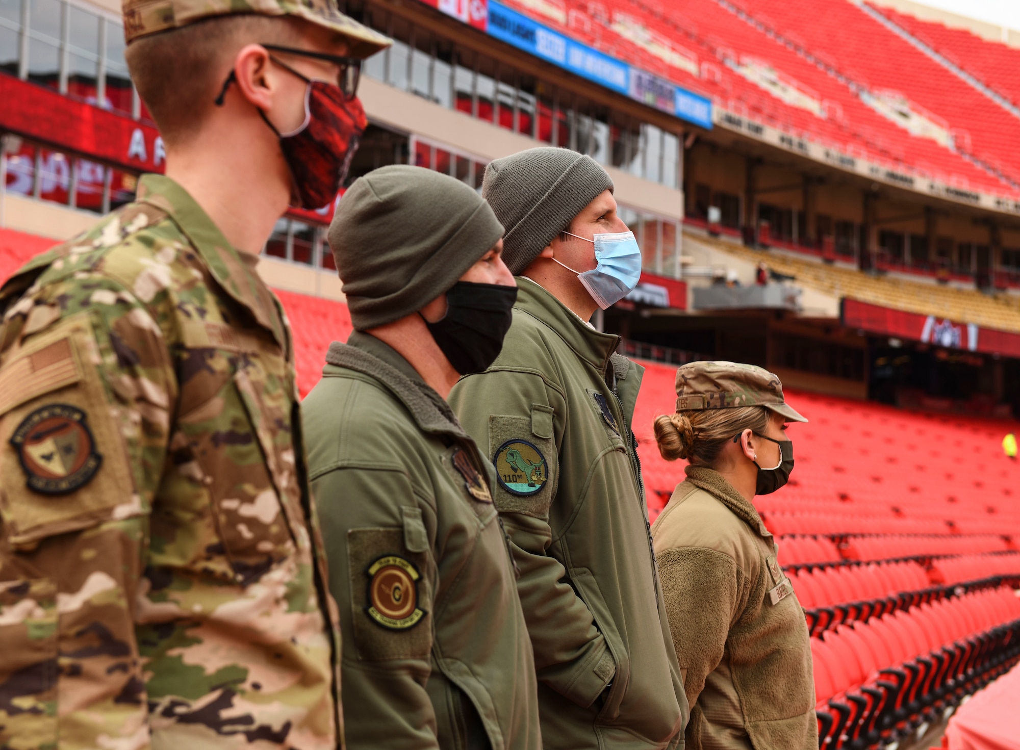 A B-2 Spirit, assigned to Whiteman Air Force Base, performs a flyover at Arrowhead Stadium during the National Anthem prior to the start of the AFC Divisional Playoffs at Arrowhead Stadium, Kansas City, Missouri, Jan. 17, 2021. The B-2 crews perform flyovers as part of regularly scheduled training flights to support community functions and government events. (U.S. Air Force photo by Tech. Sgt. Heather Salazar)