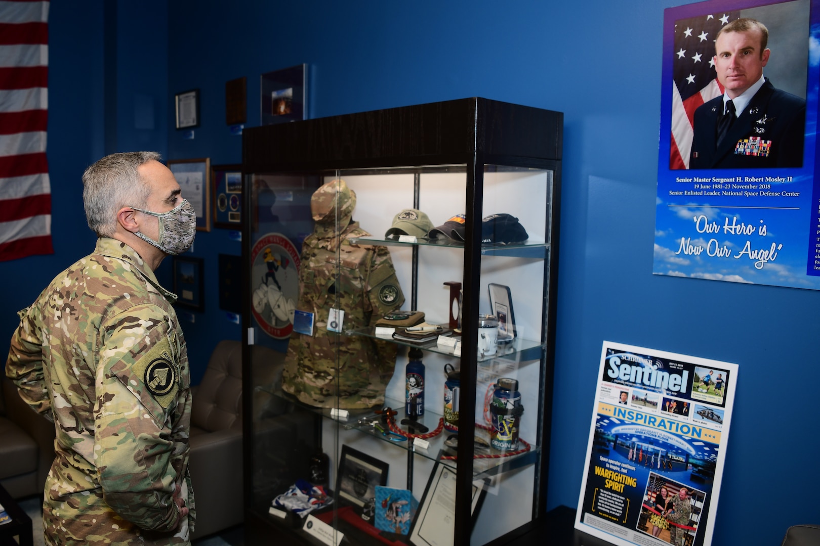 Senior Enlisted Advisor to the Chairman of the Joint Chiefs of Staff Ramón “CZ” Colón-López views the Senior Master Sgt. Harold Mosely, II library on the National Space Defense Center operations floor at Schriever Air Force Base, Colorado, Jan. 13, 2021.