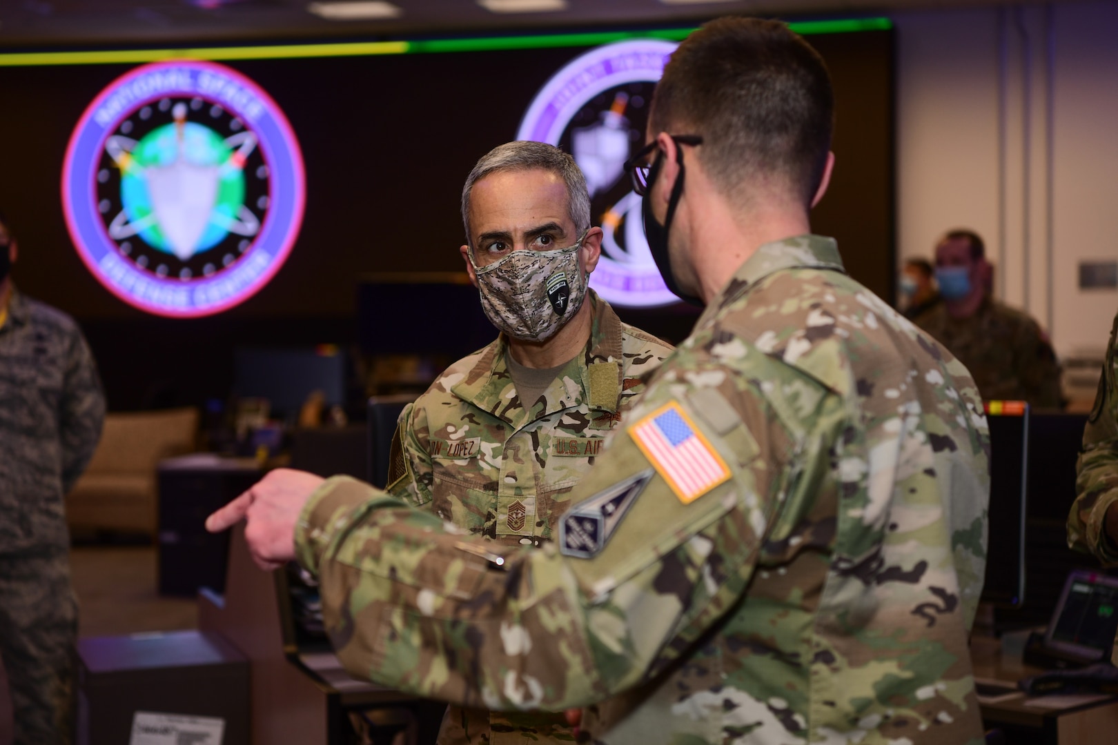 Senior Enlisted Advisor to the Chairman of the Joint Chiefs of Staff Ramón “CZ” Colón-López, engages Joint Task Force-Space Defense members to learn about their combatant command missions.